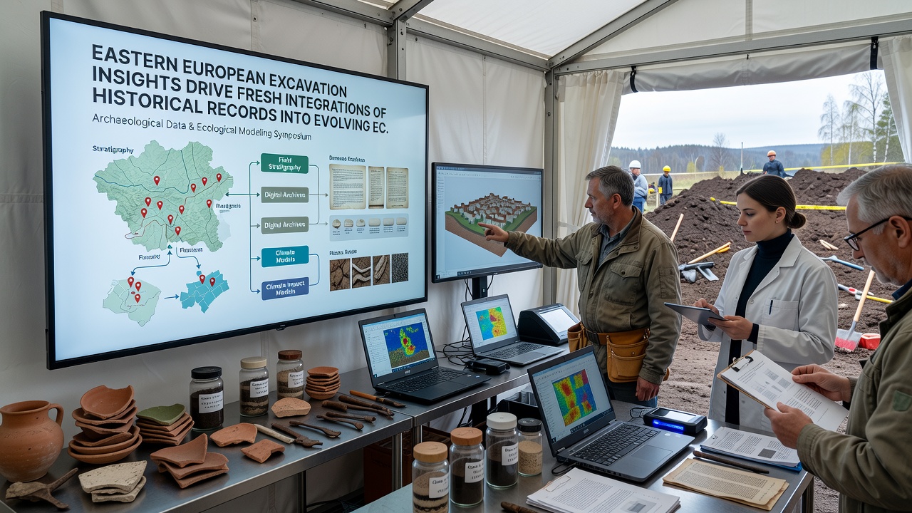 Researchers reviewing digital overlays of historical excavation data within an ecological simulation interface on multiple screens