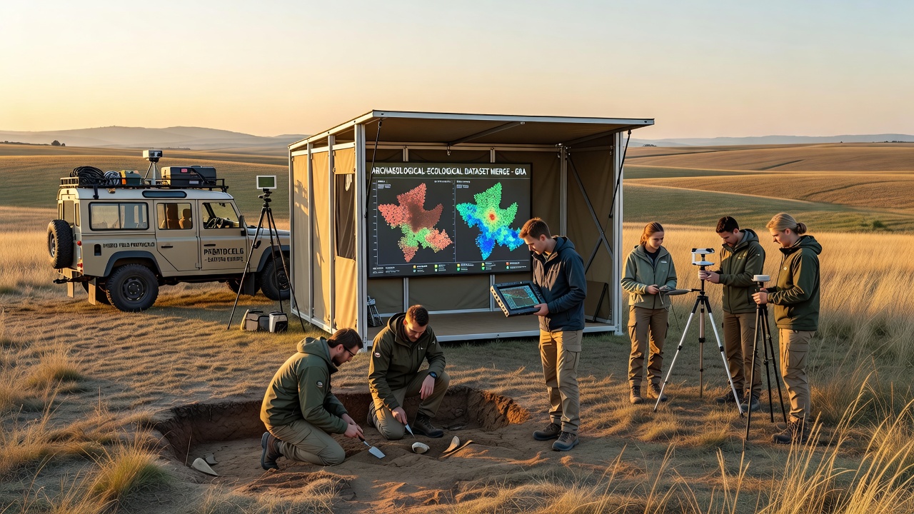 Graduate students reviewing merged archaeological and ecological datasets on computer screens during a university workshop