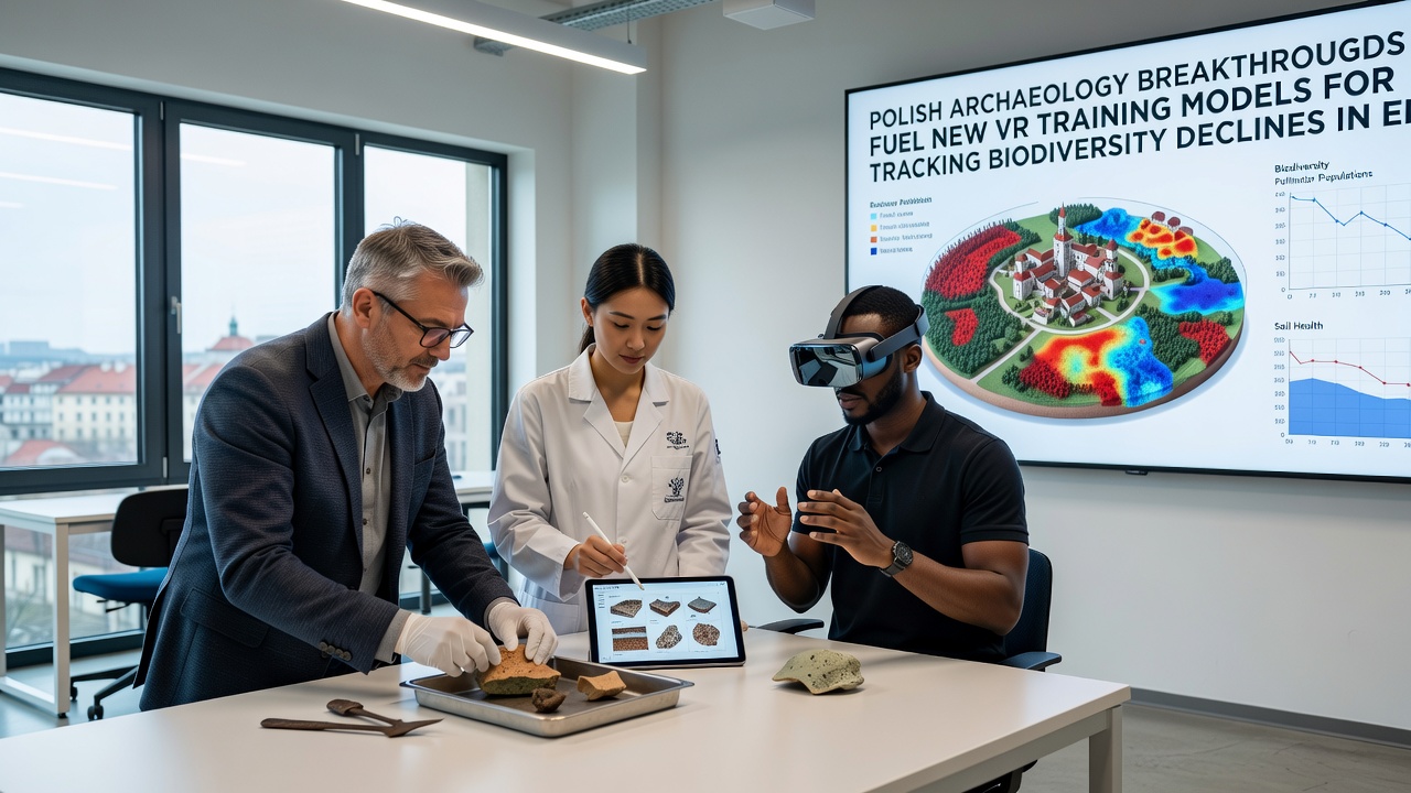 VR headset user practicing biodiversity data collection inside a simulated eastern reserve environment with overlaid archaeological layers